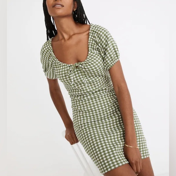 Madewell | Jacquard Puff-Sleeve Mini Sun Dress in Gingham Check Print Green NEW - Picture 1 of 9